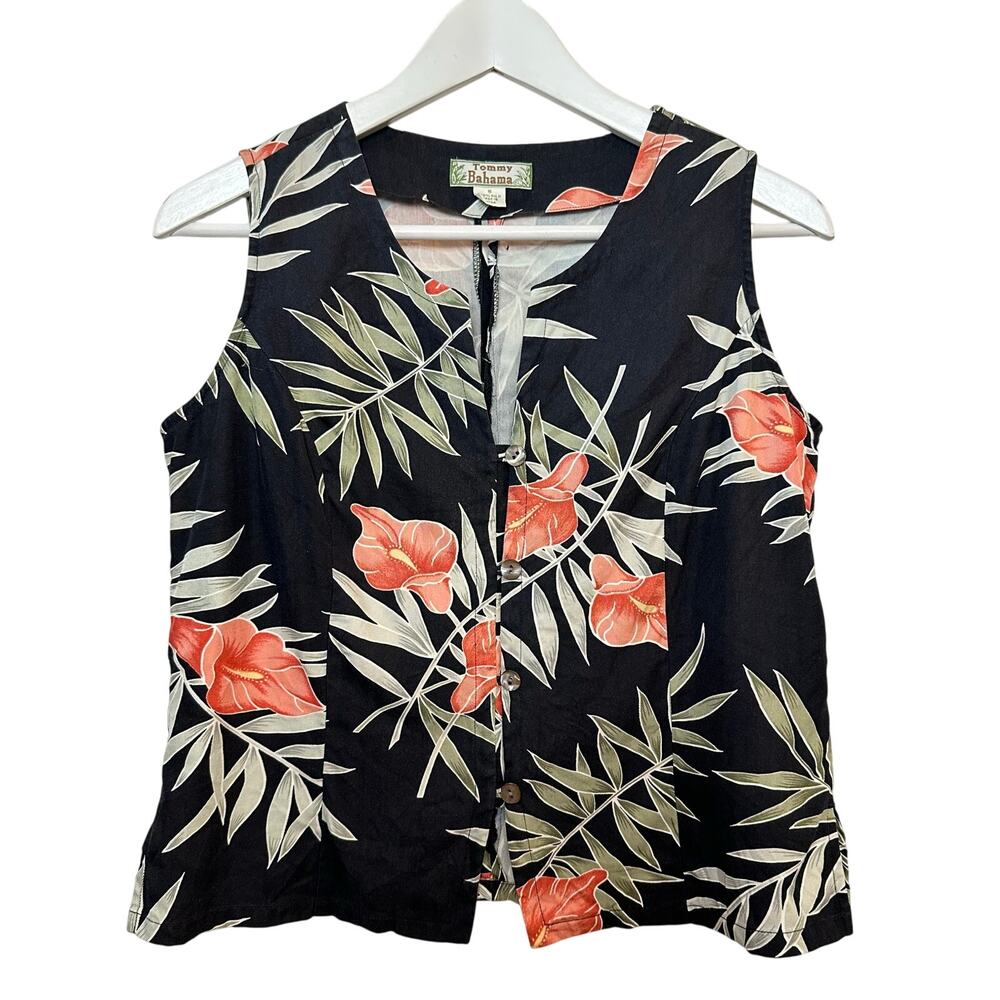 Tommy Bahama Black Tropical Floral Sleeveless Button Front Top